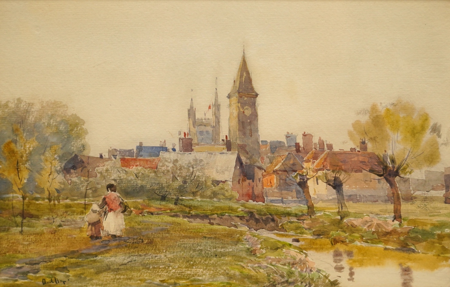 Claude Hayes (1852-1922), two watercolours, Town scene with church and Harbour scene, each signed, largest 16 x 26cm. Condition - poor to fair, discolouration to the paper